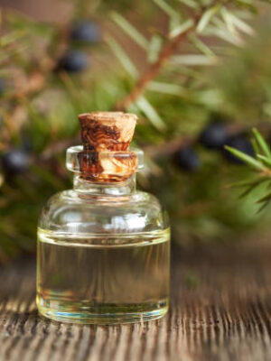 A bottle of essential oil with juniper twigs on a wooden table