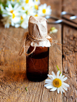Daisies and chamomile essential aroma oil over rustic wooden background