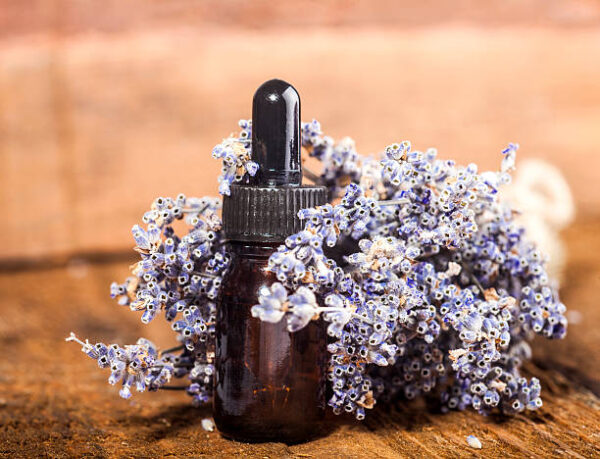 Spa background with bunch of lavender and glass vial with essential oil.